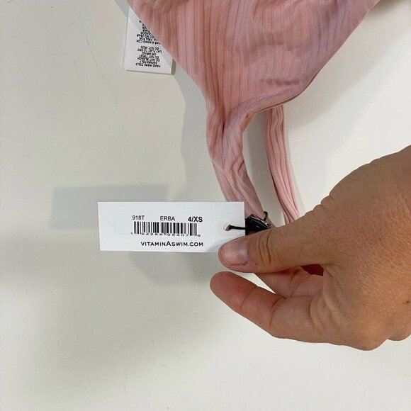 Vitamin A Lou Front Bow Ribbed Triangle Bikini Top Pink XS Swimwear Beach NWT - Picture 2 of 7
